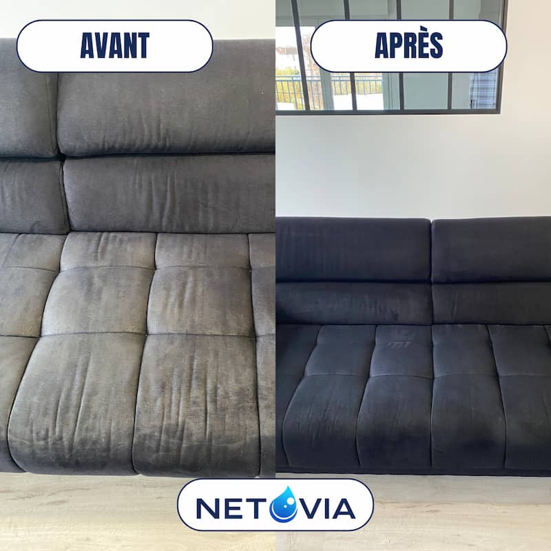 Avant après nettoyage canapé microfibre sombre Netovia